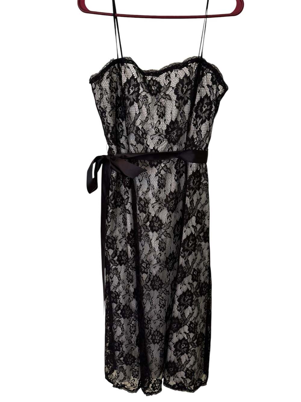 Papell Boutique Evening Black Lace Spaghetti Strap Dress with Satin Sash